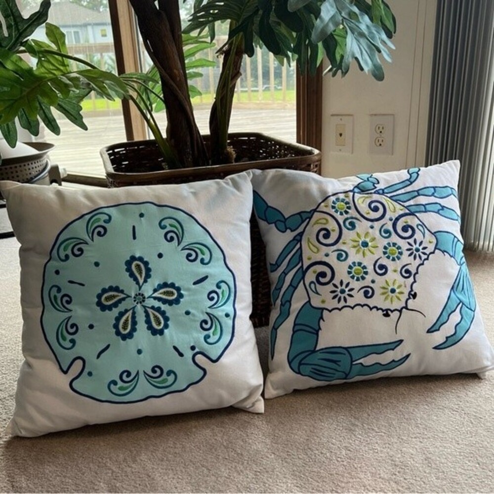 Embroidered Whimsical Throw Pillows Blue Crab and Sand Dollar 18”